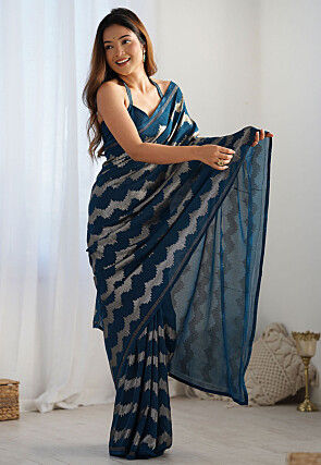 Sequinned Georgette Saree in Teal Blue