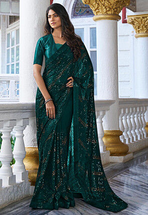 Sequinned Georgette Saree in Teal Green