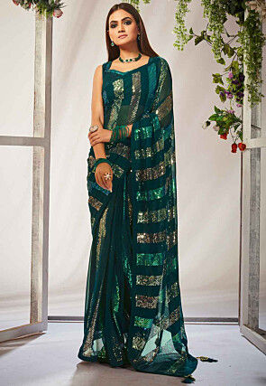 Sequinned Georgette Saree in Teal Green