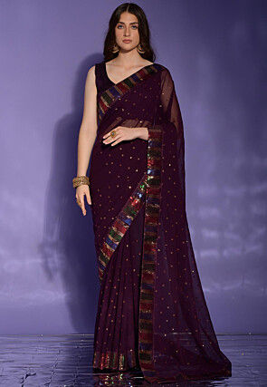 Sequinned Georgette Saree in Wine
