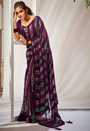 Sequinned Georgette Saree in Wine