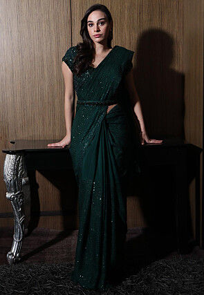 Sequinned Georgette Silk Saree in Dark Green