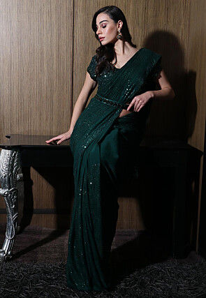 Sequinned Georgette Silk Saree in Dark Green
