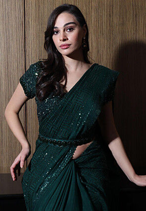 Sequinned Georgette Silk Saree in Dark Green