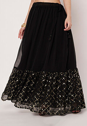 Sequinned Georgette Skirt in Black
