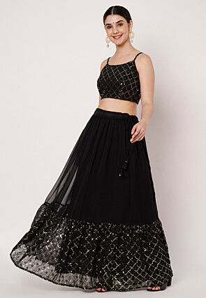 Sequinned Georgette Skirt in Black