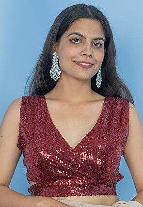 Sequinned Lycra Satin Wrap Round Padded Blouse in Maroon