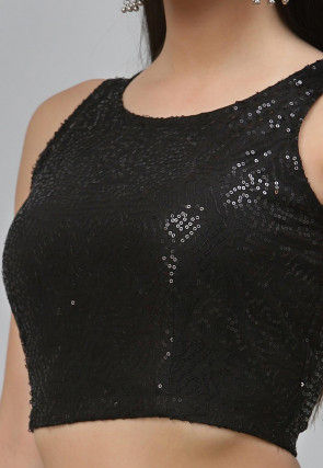 Sequinned Net Crop Top in Black