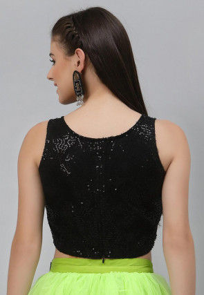 Sequinned Net Crop Top in Black