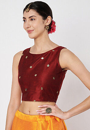 Sequinned Net Crop Top in Maroon