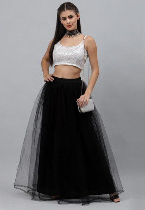 Sequinned Net Crop Top in White