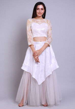 Sequinned Net Crop Top with Skirt in White