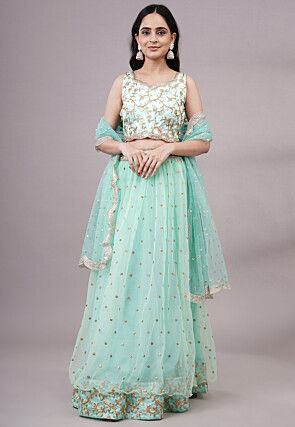Sequinned Net Lehenga in Sea Green