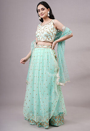 Sequinned Net Lehenga in Sea Green
