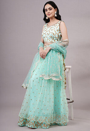 Sequinned Net Lehenga in Sea Green