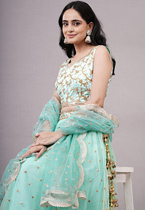 Sequinned Net Lehenga in Sea Green