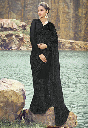 Sequinned Net Scalloped Saree in Black
