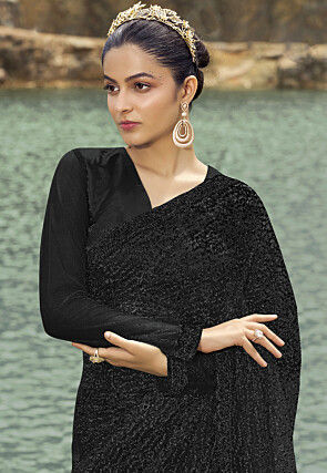 Sequinned Net Scalloped Saree in Black