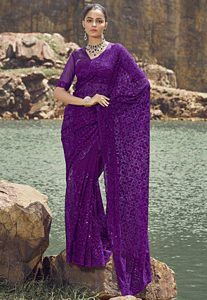 Sequinned Net Scalloped Saree in Purple