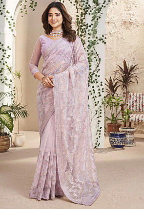 Sequinned Net Scalloped Saree in Purple