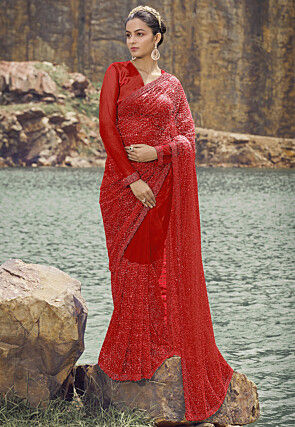 Sequinned Net Scalloped Saree in Red