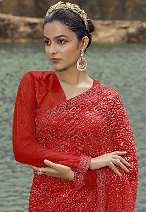 Sequinned Net Scalloped Saree in Red