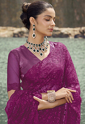 Sequinned Net Scalloped Saree in Wine