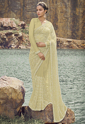 Sequinned Net Scalloped Saree in Yellow