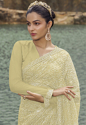 Sequinned Net Scalloped Saree in Yellow
