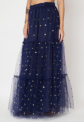 Sequinned Net Skirt in Navy Blue