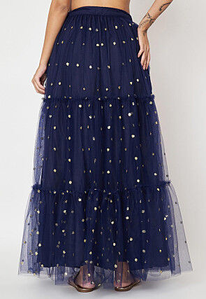 Sequinned Net Skirt in Navy Blue