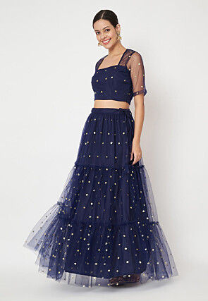 Sequinned Net Skirt in Navy Blue
