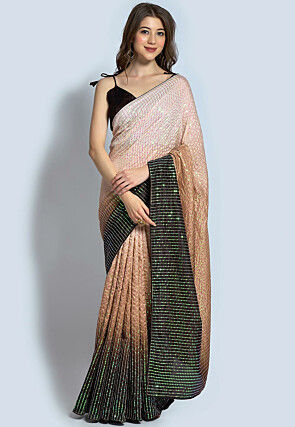 Sequinned Art Silk Saree in Beige and Brown