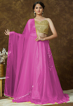 Sequinned Organza Lehenga in Pink