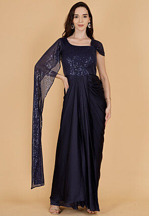 Sequinned Satin Gown in Navy Blue