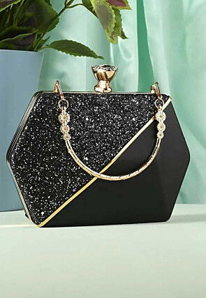 Sequinned Synthetic Rectangular Clutch Bag in Black