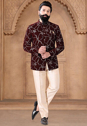 Sequinned Velvet Jodhpuri Suit in Maroon