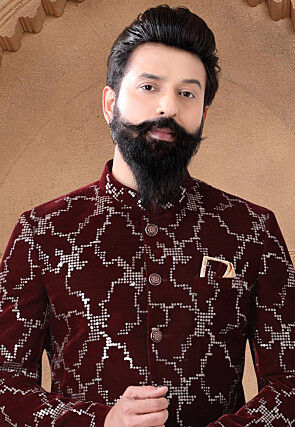 Sequinned Velvet Jodhpuri Suit in Maroon