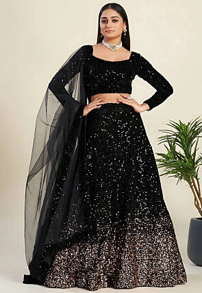 Sequinned Velvet Lehenga in Black