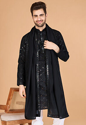 Sequinned Viscose Silk Kurta in Black