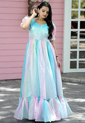 Shaded Mirror Organza Flared Gown in Blue and Pink