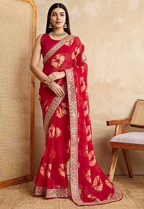 Shibhori Printed Georgette Saree in Red