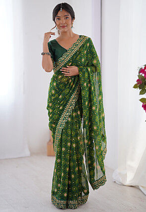 Shibhori Printed Georgette Scalloped Saree in Green