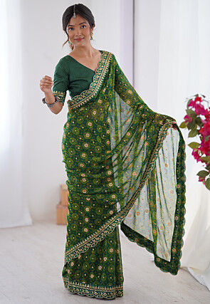 Shibhori Printed Georgette Scalloped Saree in Green