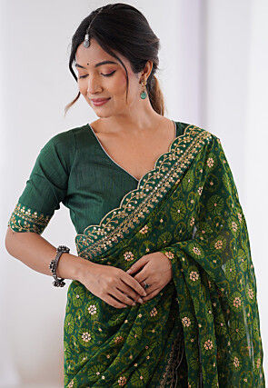 Shibhori Printed Georgette Scalloped Saree in Green