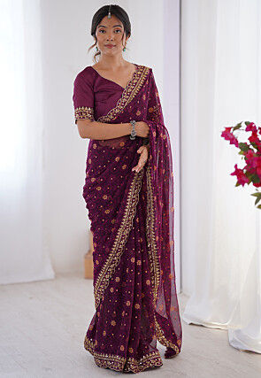 Shibhori Printed Georgette Scalloped Saree in Purple