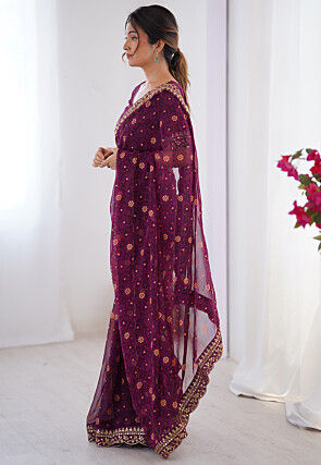 Shibhori Printed Georgette Scalloped Saree in Purple