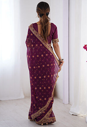 Shibhori Printed Georgette Scalloped Saree in Purple