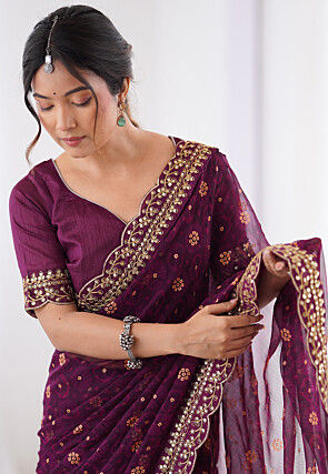 Shibhori Printed Georgette Scalloped Saree in Purple