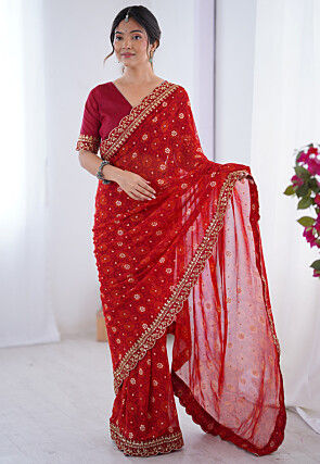 Shibhori Printed Georgette Scalloped Saree in Red